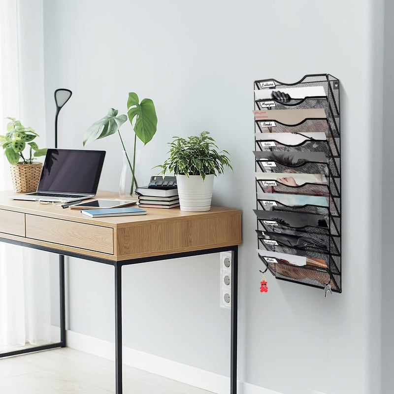 BOHDK Wall File Organizer, 10 Tire Hanging File Folder Mail Organizer, Vertical Mesh Metal Door/Wall Mount Hanging File Holder, Paper Document Magazine Rack with Hooks for Home Office Black - Image 2